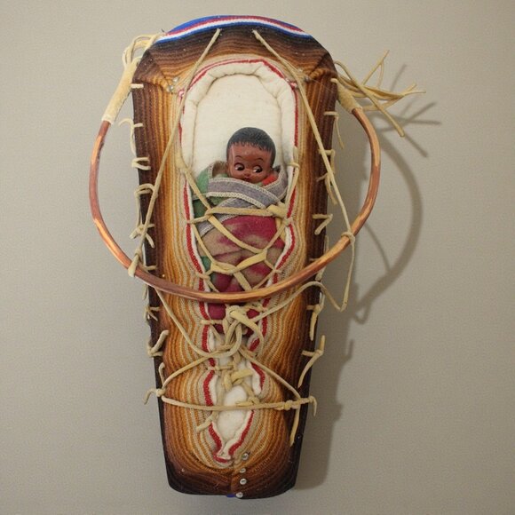 Vintage Native American Style Cradleboard Doll With Handwoven Wool & Leather Acc - Picture 1 of 10